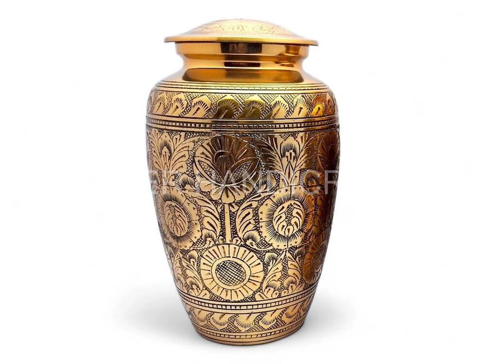 Golden Detailed Engraved Brass cremation urn for Human Ashes Bulk Manufacturer of Urn s from India