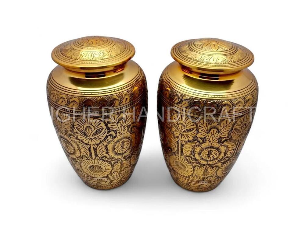 Golden Detailed Engraved Brass Cremation Urn For Human Ashes Bulk Manufacturer Of Urn S From India - Finishing: Gold