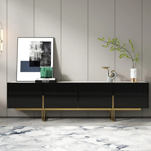Black TV Stand Stone Top Media Console 4 Doors 6 Shelves