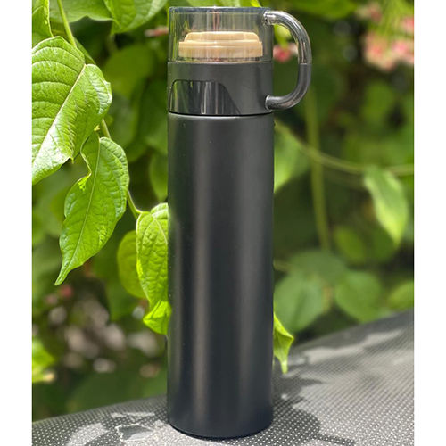 Black Water Bottle With Cup - Material: Stainless Steel