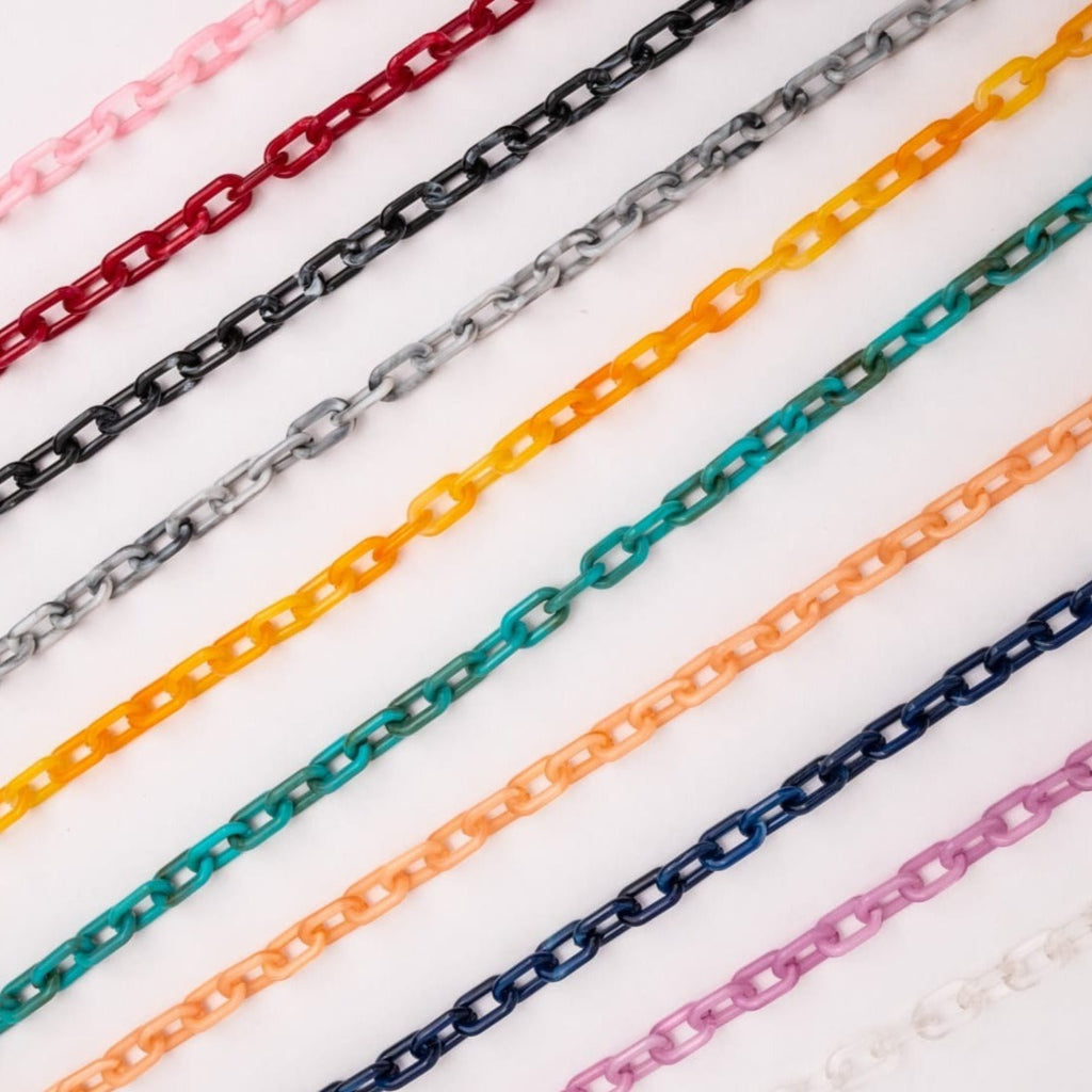 Acrylic Link Chains Oval - 9mm | 1mtr Length, Available In Pink, Red, Black, Grey, Orange, Green, Peach, Navy Blue, Purple, And White