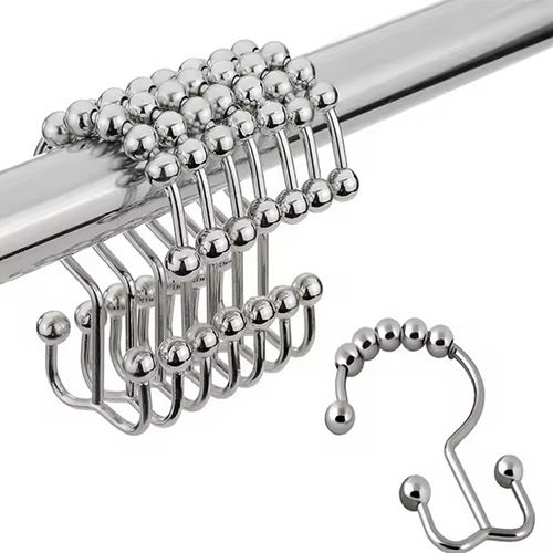 Metal Bathroom Double Curtain Rod Hooks Shower Curtain Hanging Rings - Color: Silver