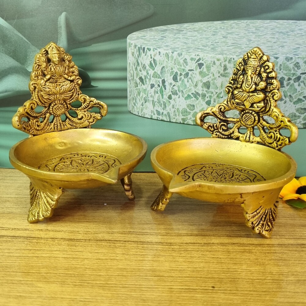 Polishing Brass Table Laxmi Ganesh Diya - Uninque Oil Lamp For Festive Decor