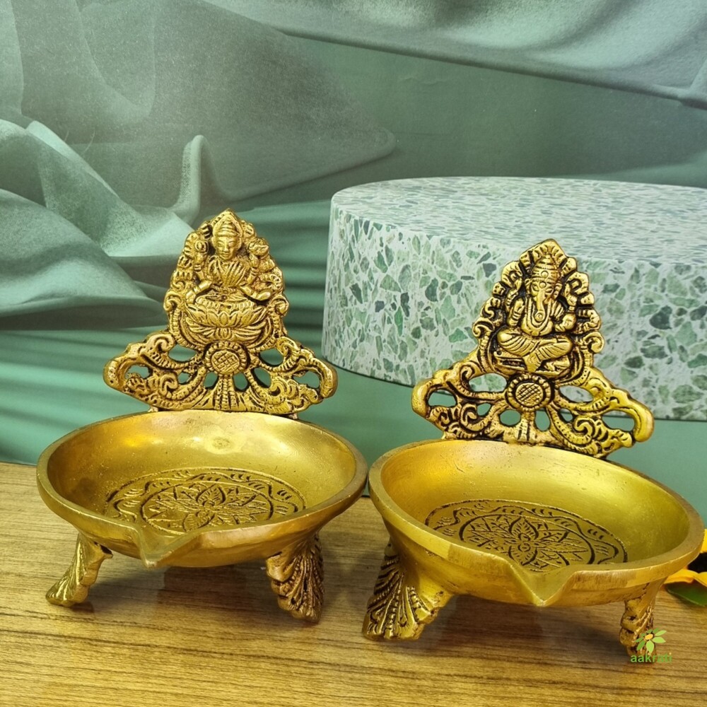 Polishing Brass Table Laxmi Ganesh Diya - Uninque Oil Lamp For Festive Decor