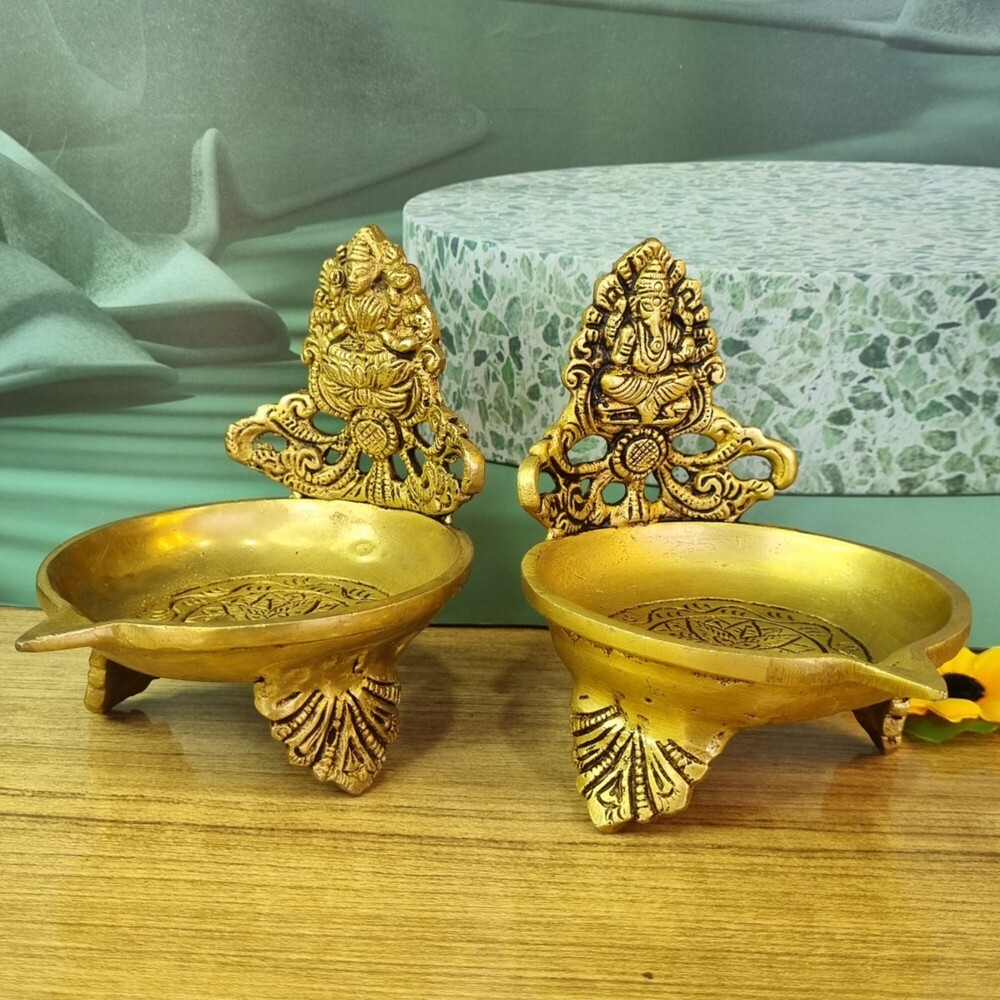 Polishing Brass Table Laxmi Ganesh Diya - Uninque Oil Lamp For Festive Decor