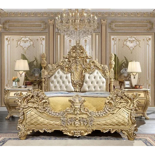 Designer Wooden Double Bed - Color: Golden