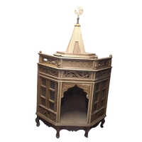 Wooden Pooja Mandir - Teak Wood, Polished Finish, Golden Color | Durable Home Furniture For Worship With Intricate Carvings And Ample Space