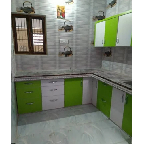 L- Shape Wooden Kitchen - Color: Green And White