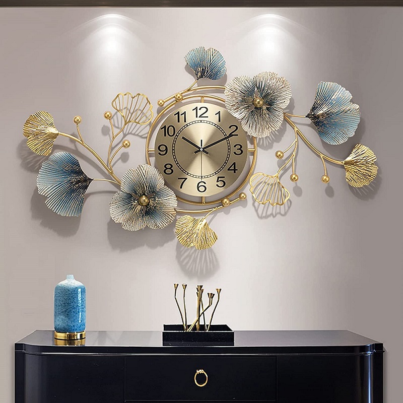 Designer Metal Wall Clock - Premium Iron Construction, Height: 21 Inches, Width: 36 Inches, Black & Golden Finish, Geometric Design, Quartz Movement