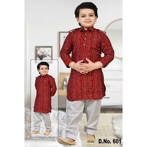 Red Printed Pathani Kurta Pajama Set - Age Group: 9 To 10 Years