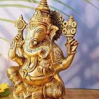 Aakrati Lord Ganesha Brass Blessing Religious Statue for Prosperity Yellow