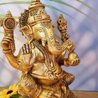 Aakrati Lord Ganesha Brass Blessing Religious Statue for Prosperity Yellow