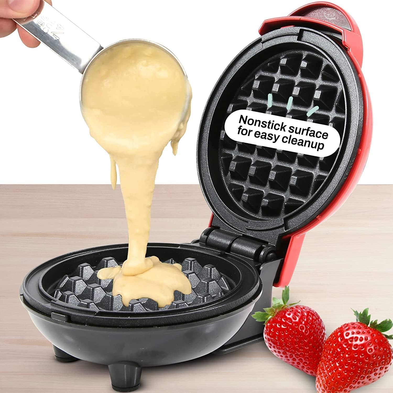 Waffle Maker - Non-stick Plate, 6x6x4 Inches, Vibrant Red Color, 700w Power | Quick Single Waffle Maker With User-friendly Design
