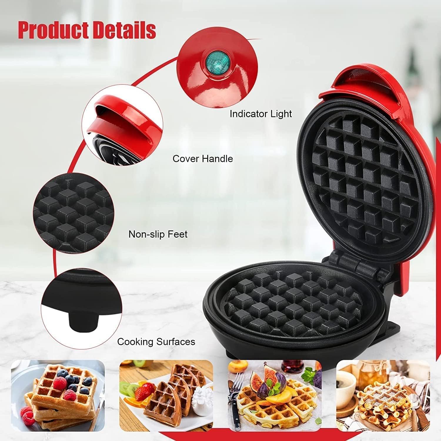 Waffle Maker - Non-stick Plate, 6x6x4 Inches, Vibrant Red Color, 700w Power | Quick Single Waffle Maker With User-friendly Design