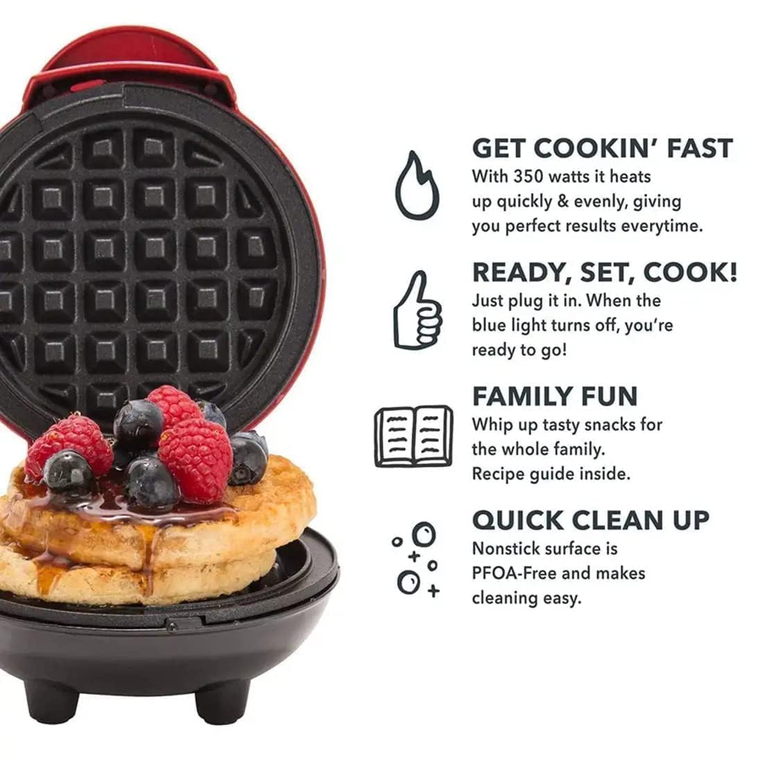Waffle Maker - Non-stick Plate, 6x6x4 Inches, Vibrant Red Color, 700w Power | Quick Single Waffle Maker With User-friendly Design