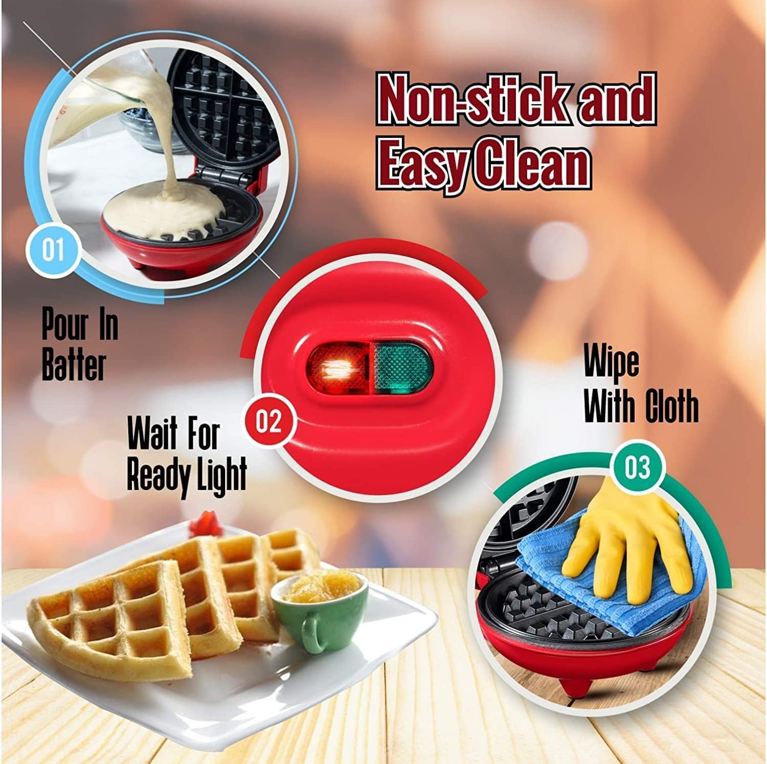 Waffle Maker - Non-stick Plate, 6x6x4 Inches, Vibrant Red Color, 700w Power | Quick Single Waffle Maker With User-friendly Design