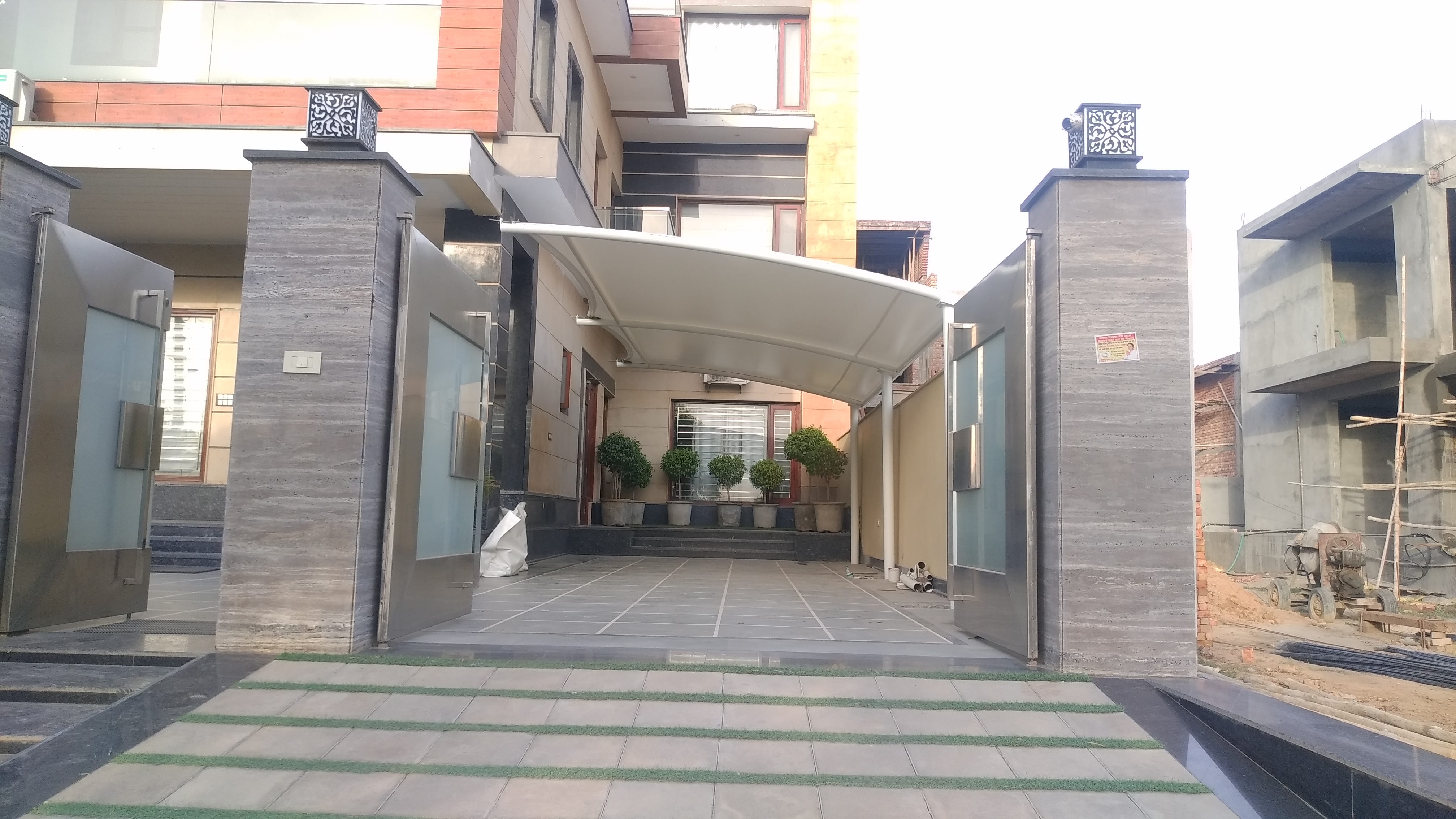 Inside Tensile Car Parking Structure - High-quality Steel Frame, Durable Pvc Roof Panels, Customizable Color, Long Lifespan, Solid Concrete Floor | Ideal For Villas, Warehouses, Workshops, Hotels, Houses, Shops, Offices