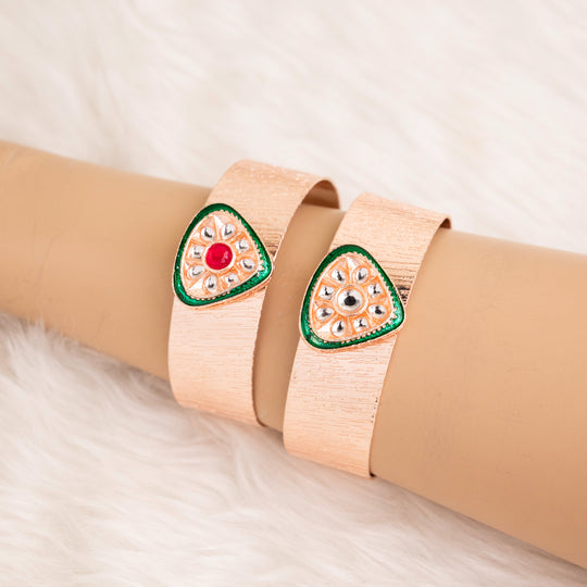 Adjustable Rosegold Designer Kada - Rosegold Material, Size 20mm, Color Red And Green | Elegant Style, Versatile Use, Unique Design With Adjustable Fit