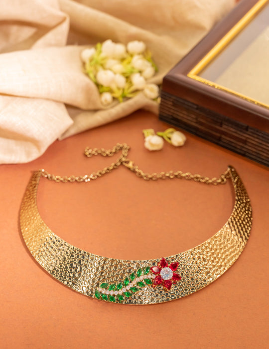 Designer Choker | Size: 5 Inch | 1 Pcs | Dc-41 - Elegant Designer Finish, Available In Golden Plated, Silver Plated, Antique Gold Plated, Rosegold Plated, Black Plated, With Red-green Or Red-white Stones