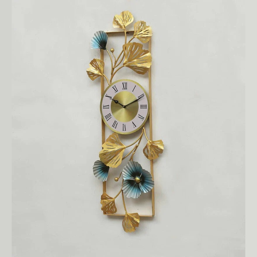 Floral Metal Wall Clock - Premium Quality Iron, Height 39 Inches, Width 14.5 Inches, Golden Powder Coated Finish | Elegant Handmade Hanging Art Piece, No Assembly Required