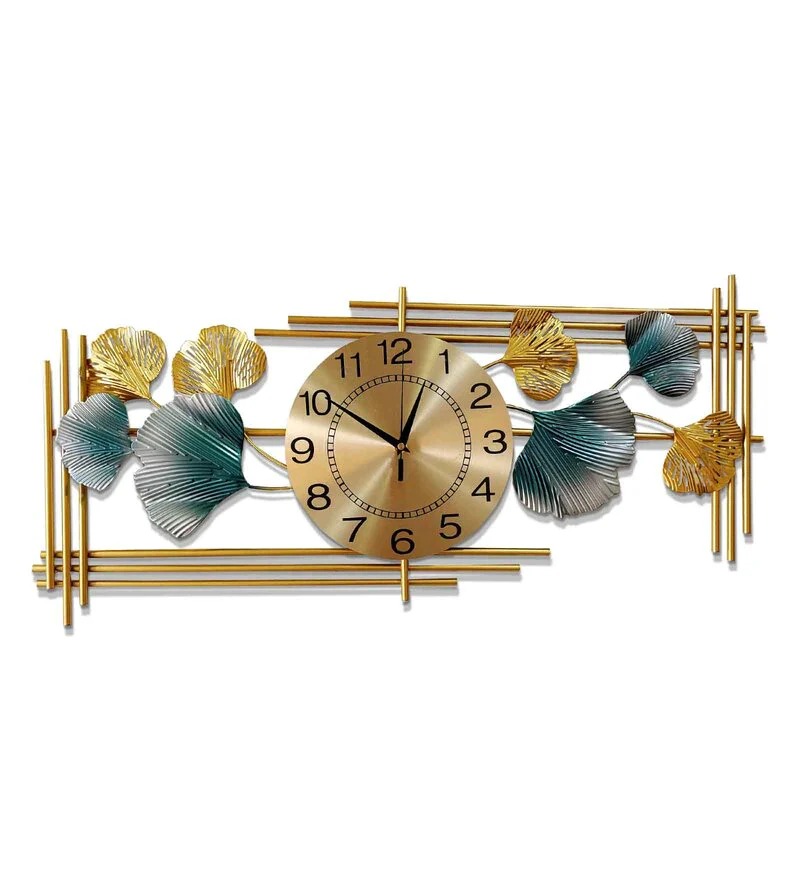 Golden Gingko Leaf Metal Wall Clock - Shape: Rectangle