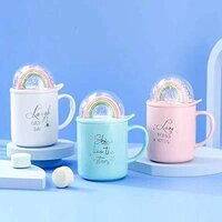 Cherrybox Elegant Ceramic Mug With 3d Rainbow Lid For Coffee Tea Milk Porcelain Cup - Abs Plastic, 350 Ml, Multi Color | Random Color Finish