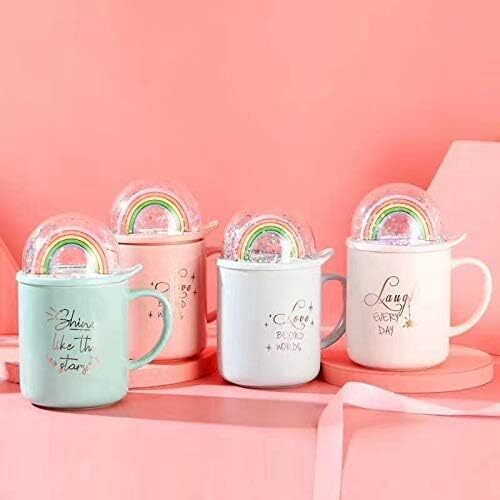 CherryBox Elegant Ceramic Mug with 3D Rainbow Lid for Coffee Tea Milk Porcelain Cup - Random Colour - 350 ml