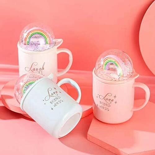 CherryBox Elegant Ceramic Mug with 3D Rainbow Lid for Coffee Tea Milk Porcelain Cup - Random Colour - 350 ml