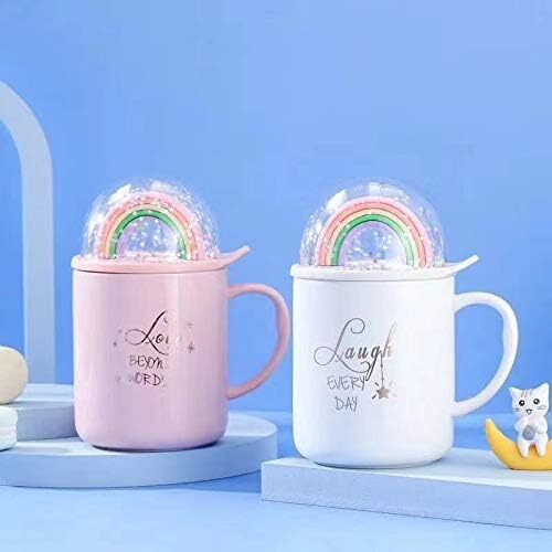 CherryBox Elegant Ceramic Mug with 3D Rainbow Lid for Coffee Tea Milk Porcelain Cup - Random Colour - 350 ml