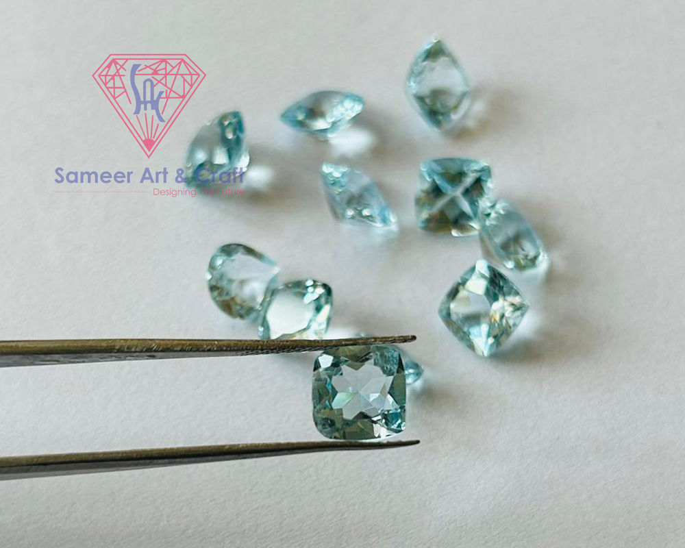 Natural Blue Topaz Gemstone Handmade Cushion Shape Faceted Cut loose Stone