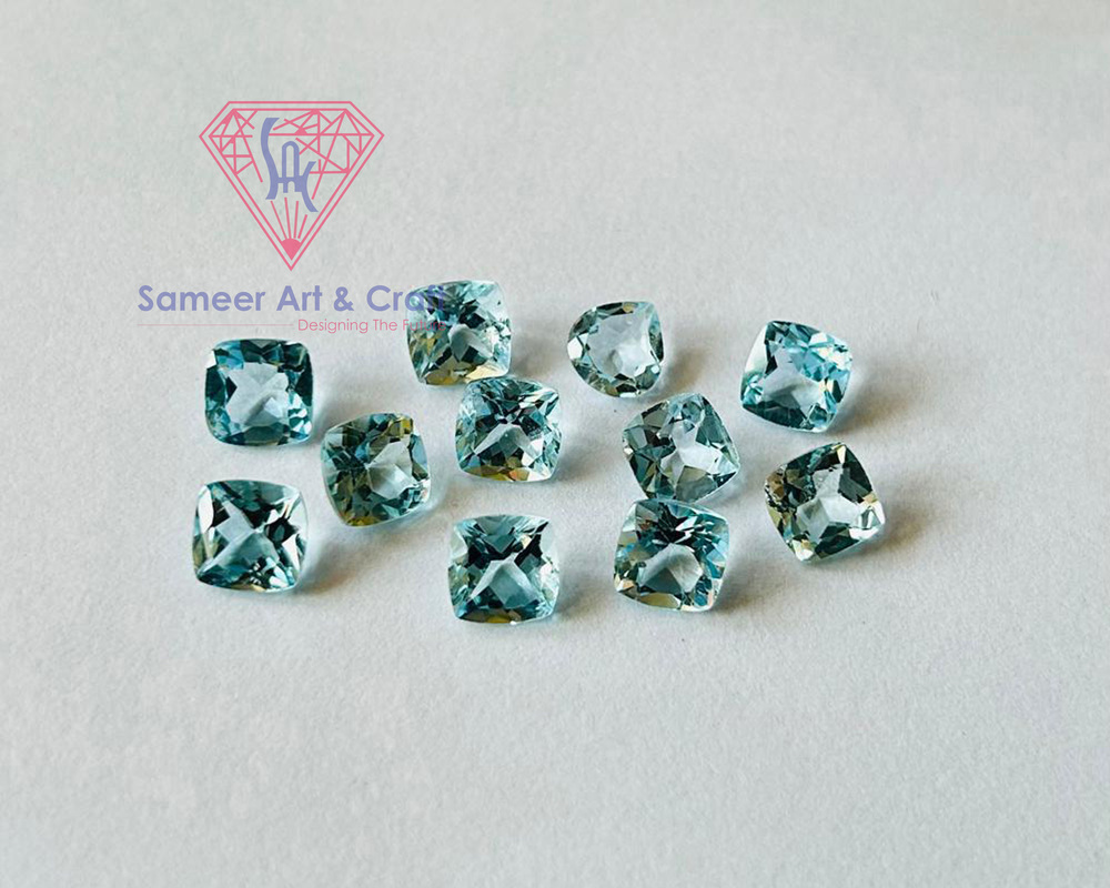 Natural Blue Topaz Gemstone Handmade Cushion Shape Faceted Cut Loose Stone