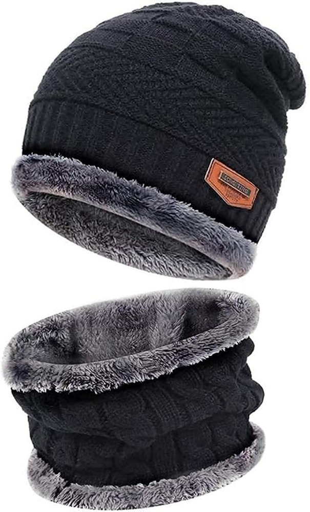 Woolen Cap With Muffler - Acrylic Knit & Fleece Lining | Unisex Slouchy Beanie Design, Lightweight & Warm For All Winter Outdoor Activities