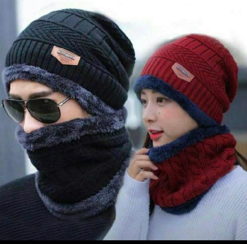 Woolen Cap With Muffler - Acrylic Knit & Fleece Lining | Unisex Slouchy Beanie Design, Lightweight & Warm For All Winter Outdoor Activities