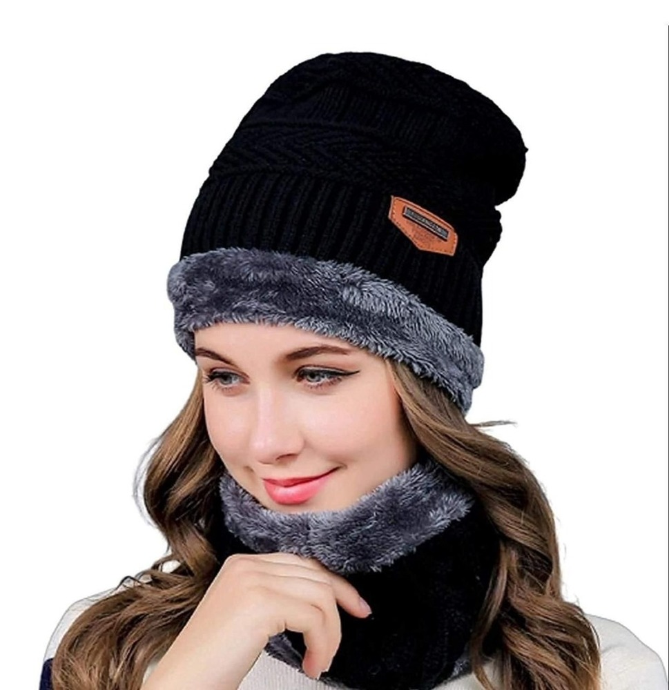 Woolen Cap With Muffler - Acrylic Knit & Fleece Lining | Unisex Slouchy Beanie Design, Lightweight & Warm For All Winter Outdoor Activities