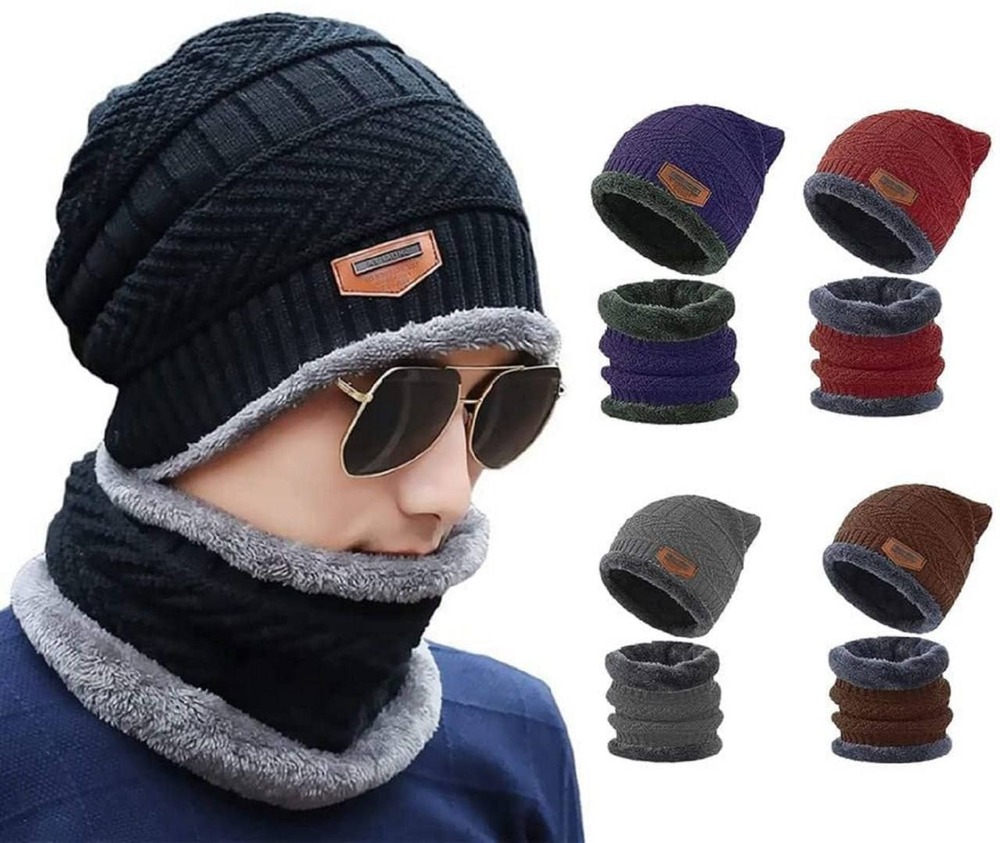 Woolen Cap With Muffler - Acrylic Knit & Fleece Lining | Unisex Slouchy Beanie Design, Lightweight & Warm For All Winter Outdoor Activities