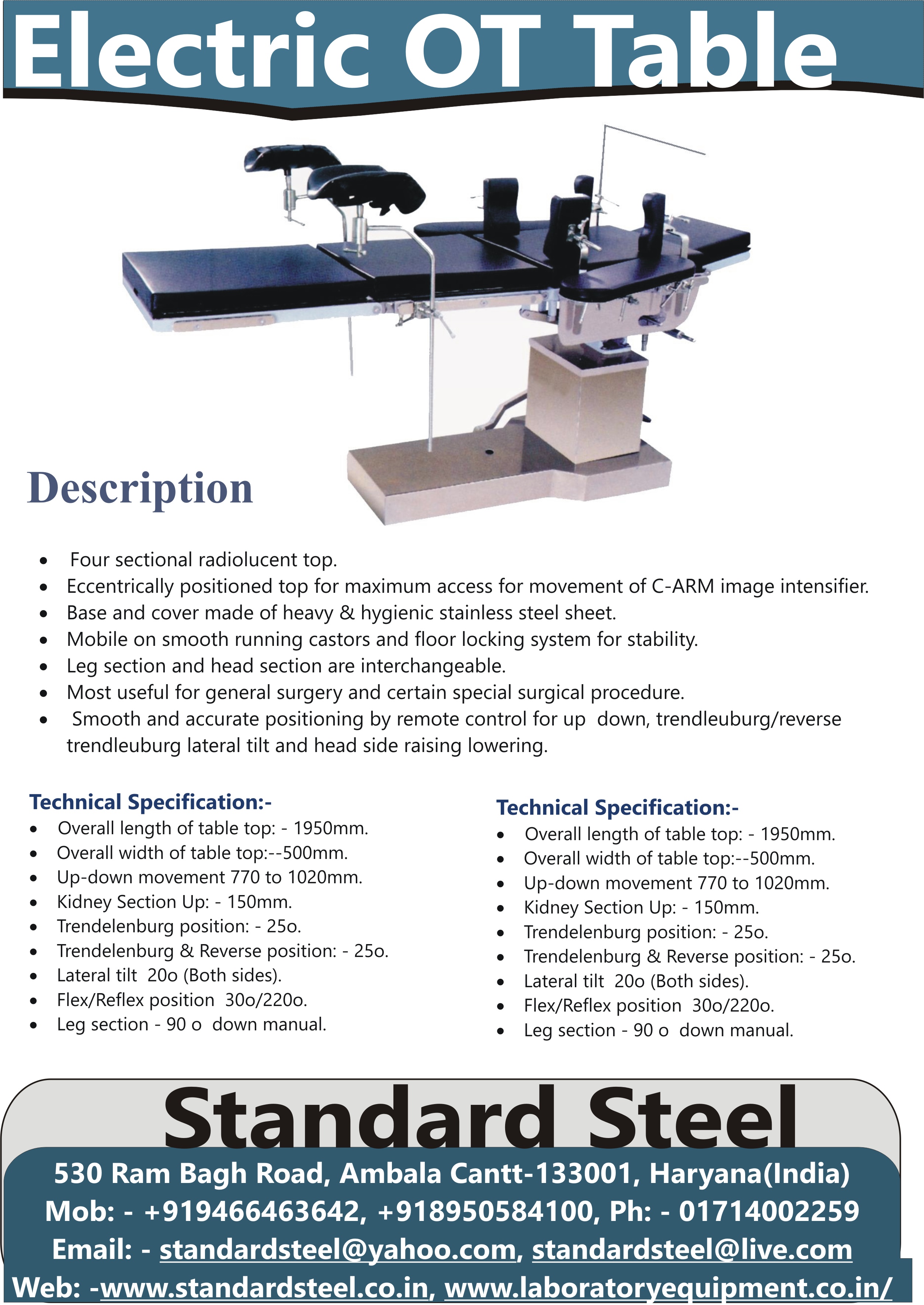 Electric C Arm Ot Table - Material: Steel