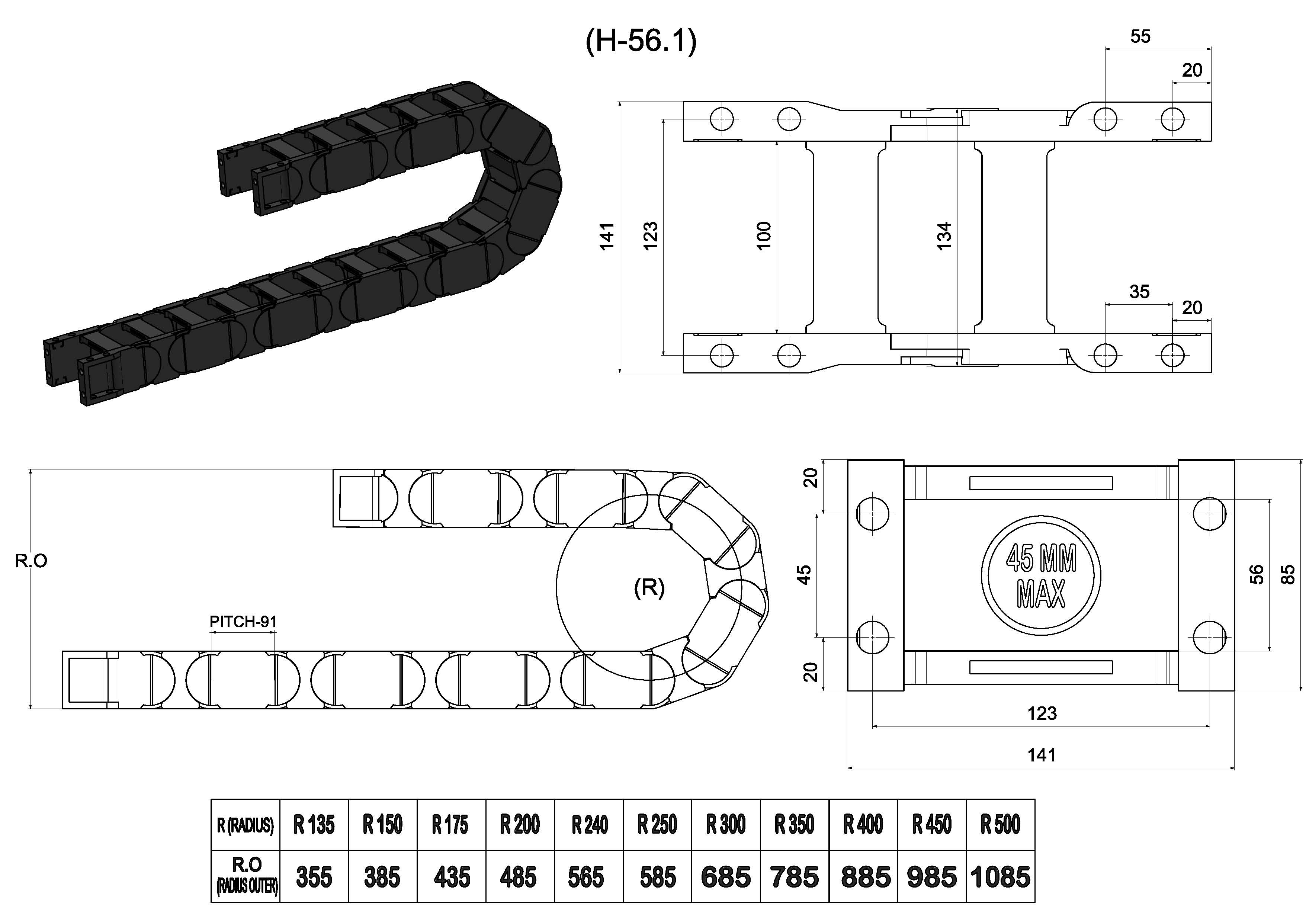 56x100 Op Cable Drag Chain - Application: Construction