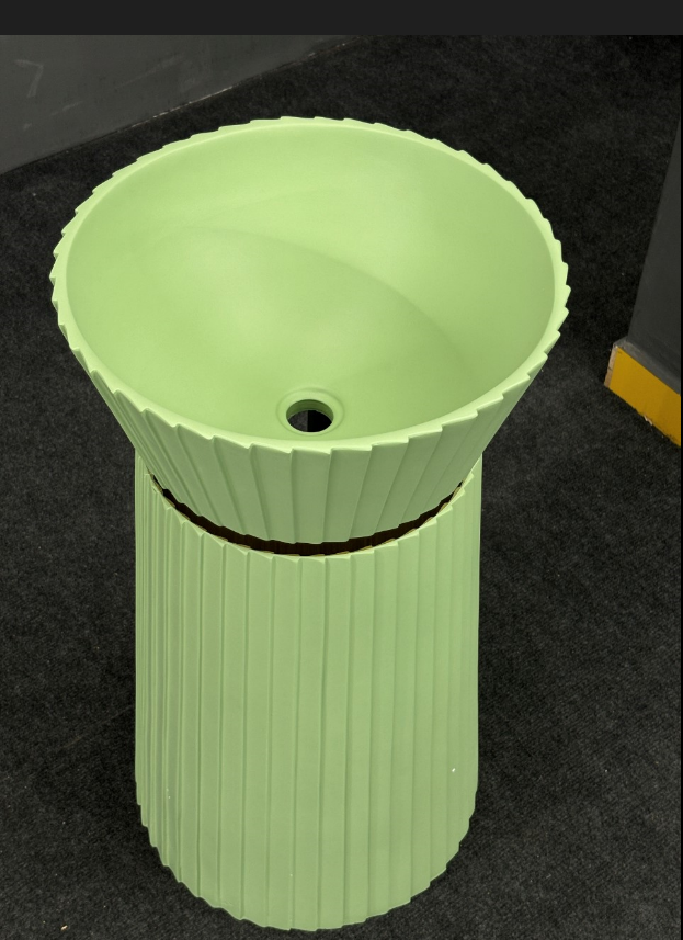 Imported Basil Green Artificial Stone Basin - 450x450x860 Mm | Smooth Surface Finish, Polished Design, One-piece Floor Mounted Structure With Rose Gold Trim