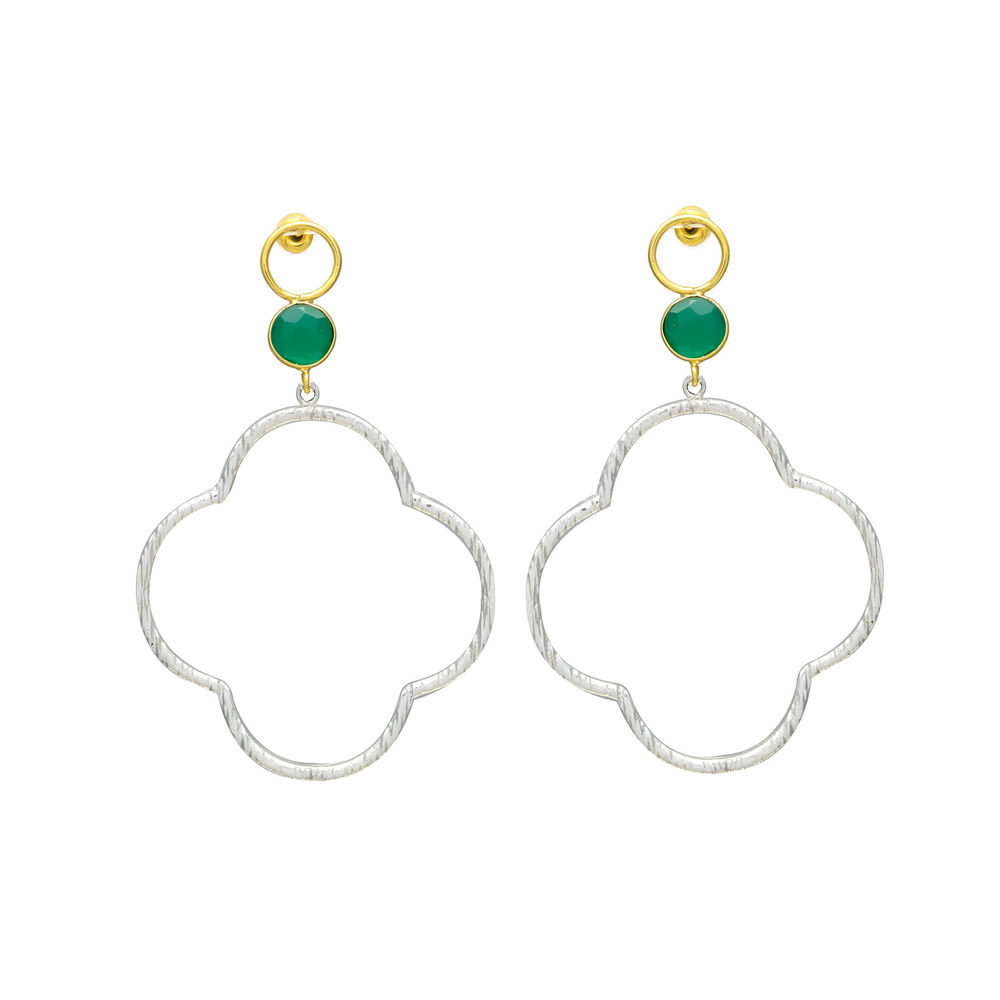 New Arrival Silver Quatrefoil Drop Earrings with Green Onyx Gemstones