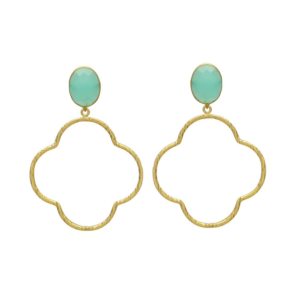 New Arrival Gold-Tone Quatrefoil Drop Earrings with Aqua Chalcedony Gemstones