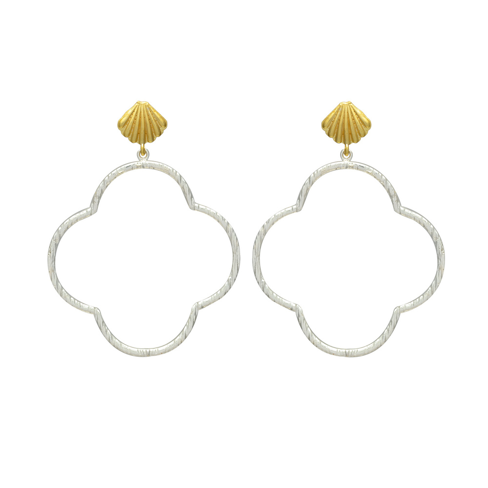 New Arrival Silver-Tone Quatrefoil Drop Earrings with Seashell Head