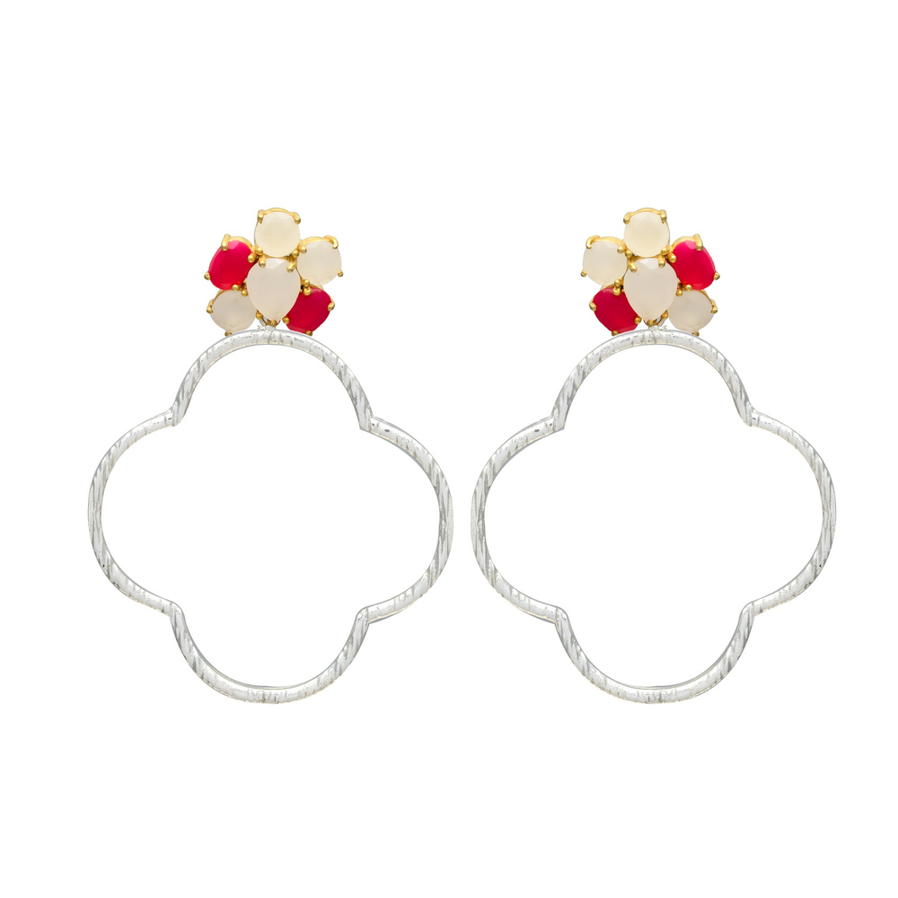 New Arrival Silver-Tone Quatrefoil Drop Earrings with Flower Gemstone