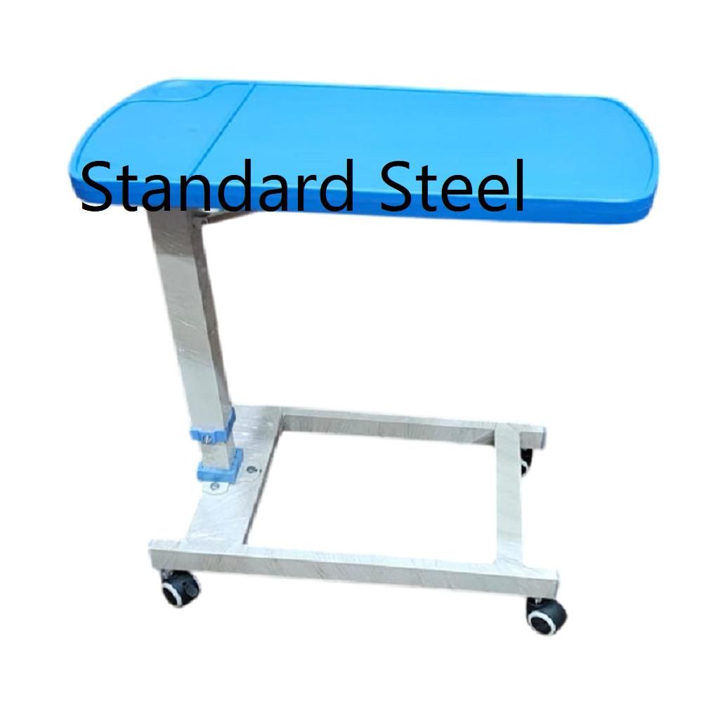 Cardiac Over Bed Table - Stainless Steel, 750x350mm Laminated Wooden Board, Adjustable Height 820/1050mm | Hydraulic Gas Spring Mechanism, Knock Down With Assembly Tool Kit, Epoxy Powder Coated, Swivel Castors