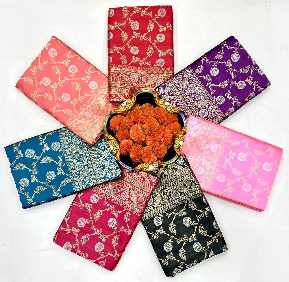 Soft Lichi Silk Saree Cloth - Soft Silk Material, Beautiful Rich Pallu, Jacquard Work, Running Heavy Brocade Blouse | Traditional Design For Ladies