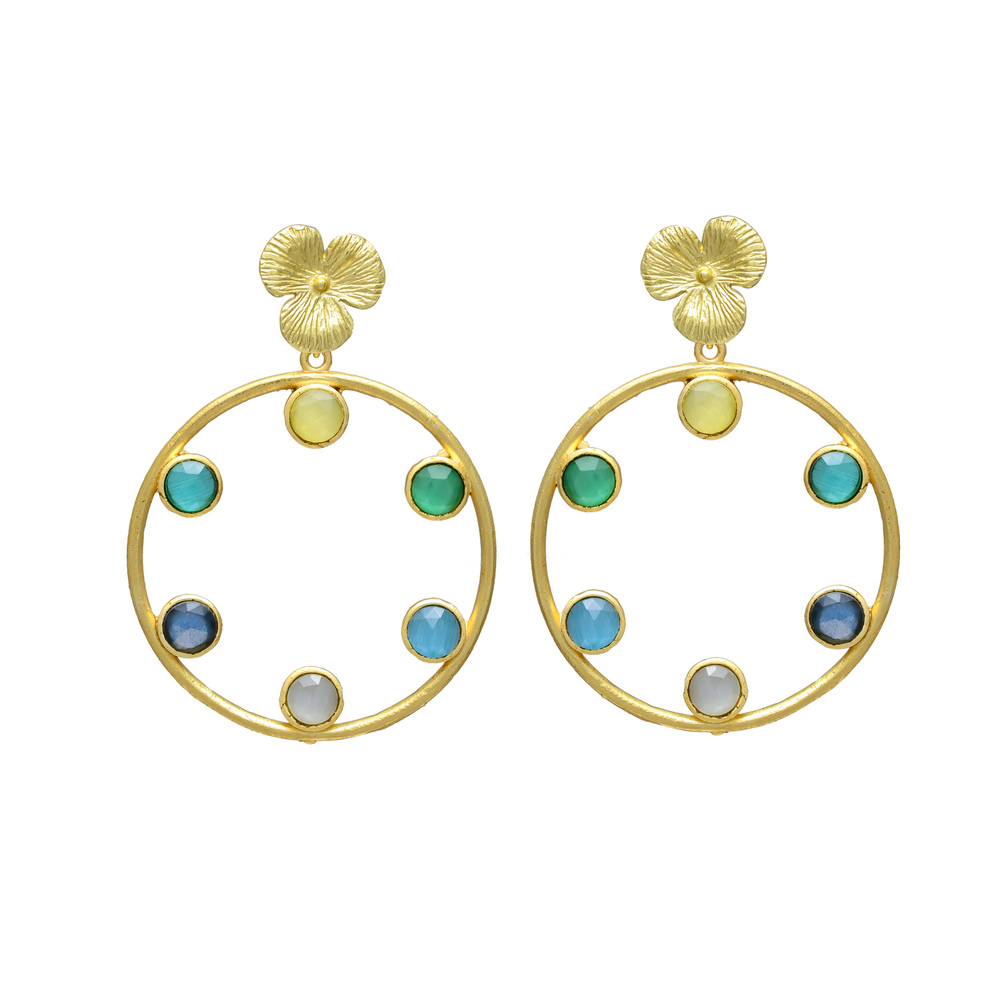 New Arrival Multicolor Gemstone Circle Earrings in Gold Tone with Flower Head