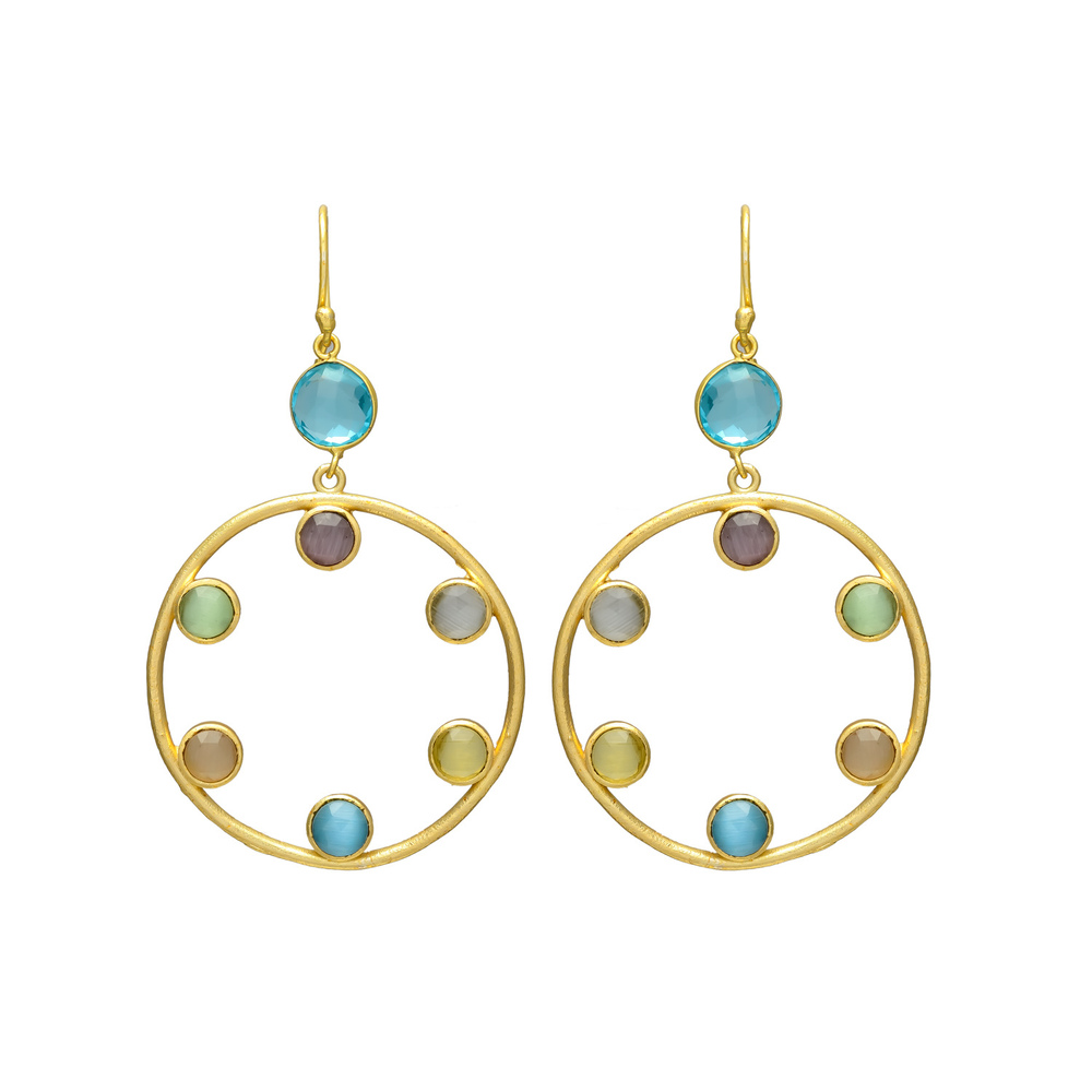 Multicolor Gemstone Circle Earrings in Gold Tone, Hook and hoop earring for woman and girls