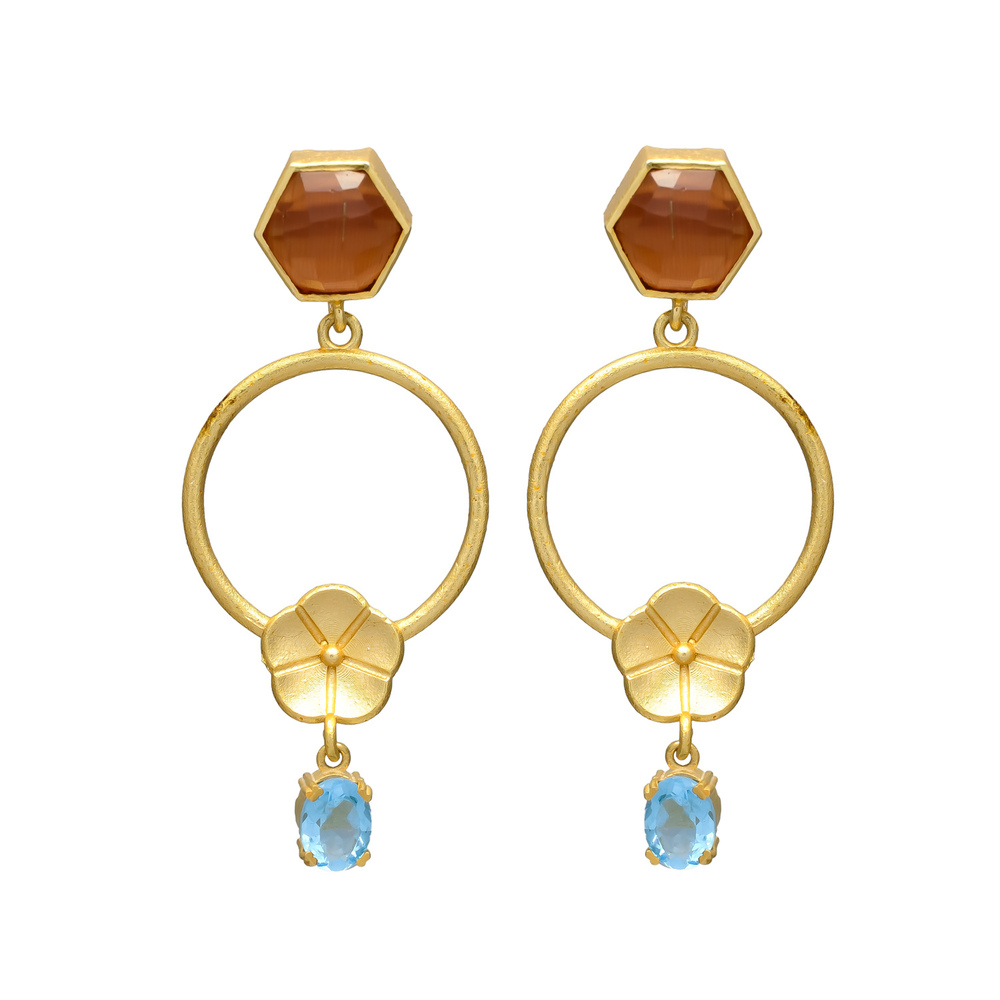 New Arrival Elegant Hexagonal and Floral Drop Earrings with Light Blue Gemstone