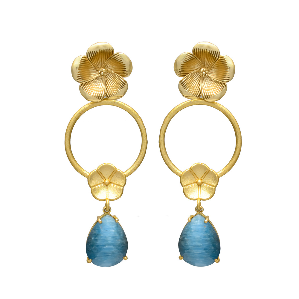 New Arrival Golden Floral Drop Earrings with Blue Chalcedony Teardrop Gemstone