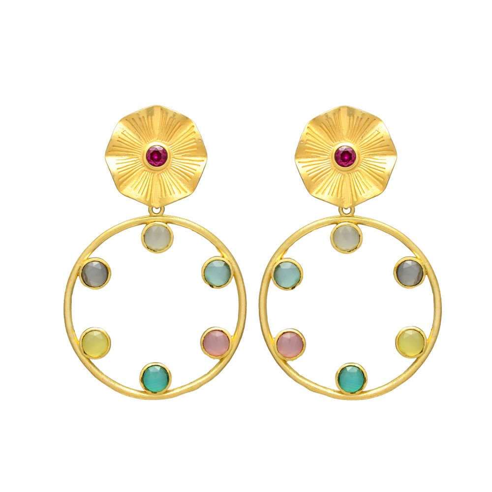 New Arrival Multicolor Gemstone Circle Earrings in Gold Tone with Flower stud