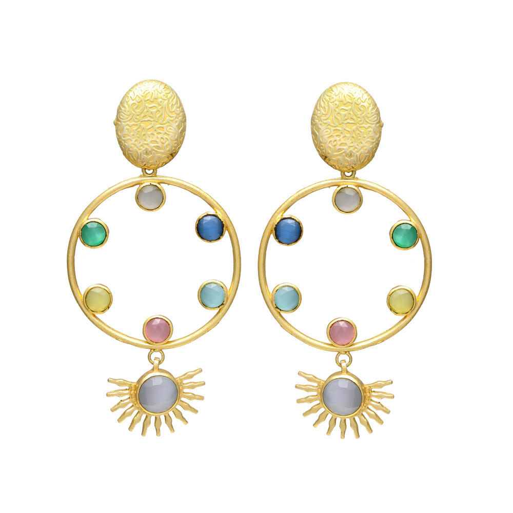 New Arrival Multicolor Gemstone Circle Earrings in Gold Tone with Flower Drop